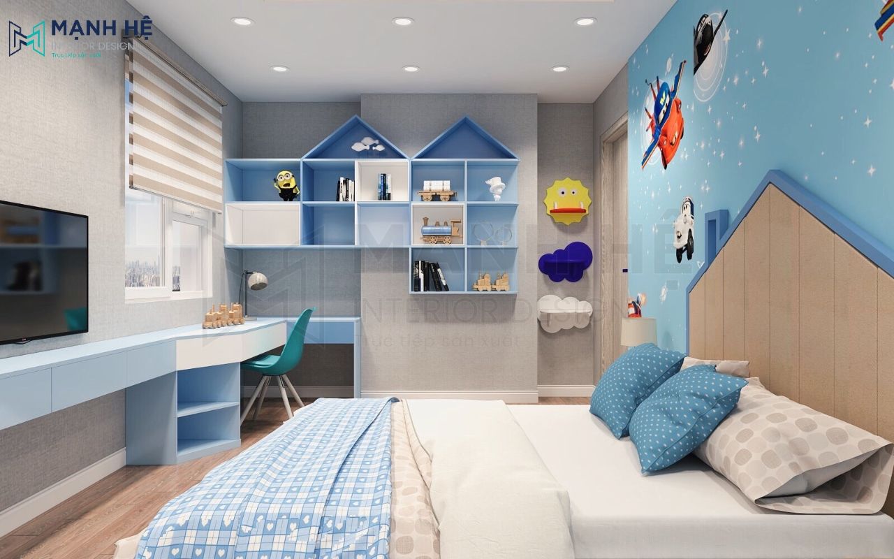 không gian phòng ngủ màu xanh
