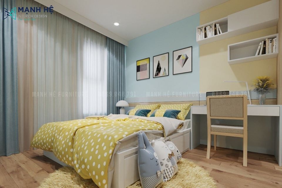 Phòng ngủ sử dụng màu vàng phối xanh dương là tone màu chủ đạo